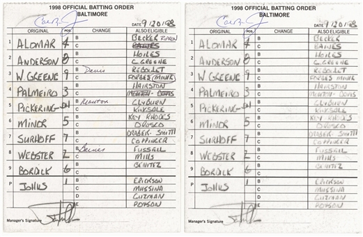 1998 Baltimore Orioles Official Batting Order Carbon Copies From End of Ripkens Consecutive Game Streak - Signed By Ripken! (Ripken LOA)